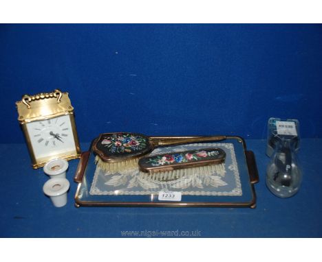 A quantity of miscellanea including Speedo Futura Ice swimming goggles, china inkwells, glass dressing table tray with matchi