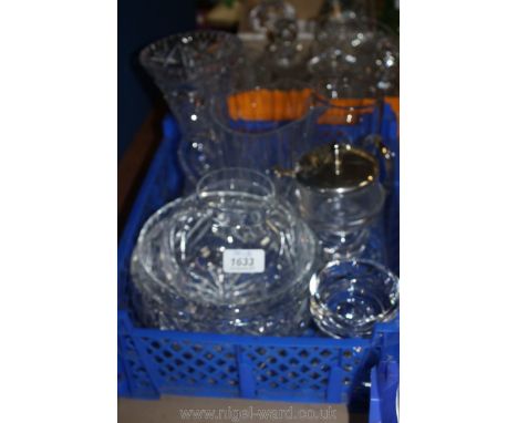 Two heavy cut glass Bowls, vase, two jugs, oil lamp shade, etc.