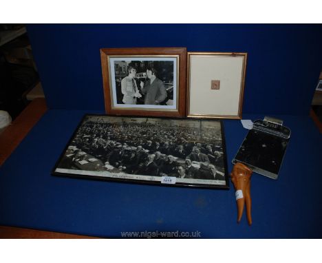 Two framed Photographs, one of Cliff Richard and the other of Folkestone Assembly, framed stamp, Black Forest nutcracker and 