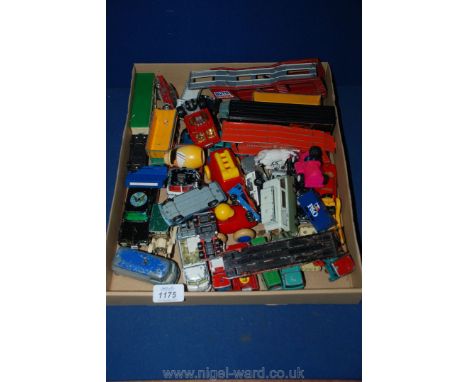 A quantity of model lorries and cars including Corgi, Ford, Thames Caravan, Matchbox car transporter, Corgi Ford Consul, etc
