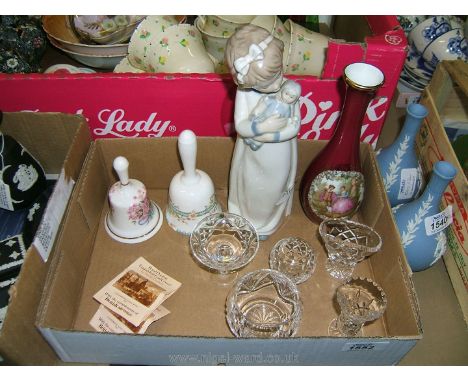 A Nao Lladro figure of a girl with a doll, Limoges vase, two china bells and small quantity of Royal Doulton crystal miniatur
