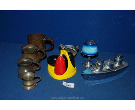 A box of miscellanea including chrome ship Condiment set, chrome salt and pepper shaker, red, yellow and black plastic condim
