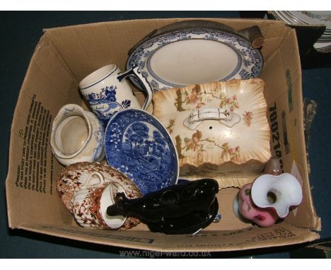 A quantity of china including a cheese dish, blue and white plate warmer, Copeland Spode tower twin handled cup and saucer, m