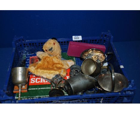 A small quantity of plated item, Sooty hand puppet, Travel Scrabble, two lighters, swimming medals, pen and pencil set etc