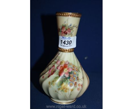 A Royal Worcester blush Vase with spiral ribbed body and flared neck decorated with floral and gilt, neck a/f, reg no. 148408
