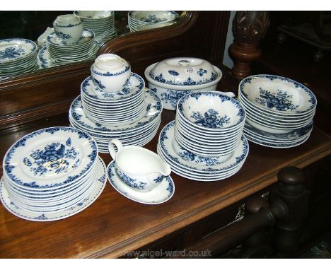 A blue and white floral pattern Royal Worcester part Dinner service including dinner and side plates, soup bowls, lidded cass