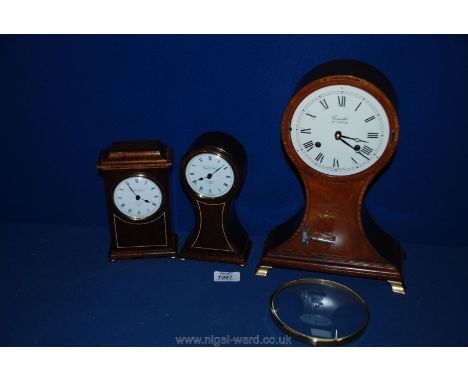 Two wooden battery operated Clocks and a balloon Clock, a/f with key