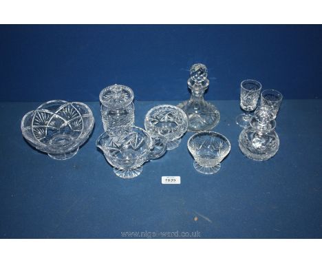 A liqueur Decanter with stopper and two matching glasses, cut glass jar, jug etc