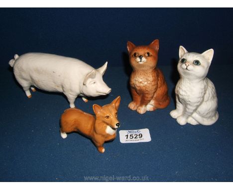 A Beswick Ginger cat, white cat, Corgi dog and prize Pig