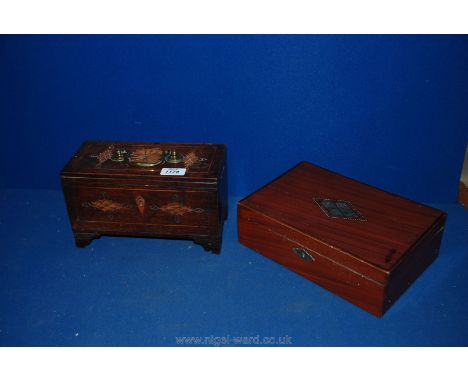 A wooden Tea Caddy with inlaid and carved decoration and wooden Jewellery Box 