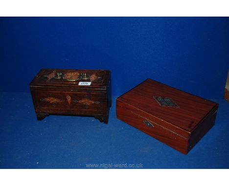 A wooden Tea Caddy with inlaid and carved decoration and wooden Jewellery Box 