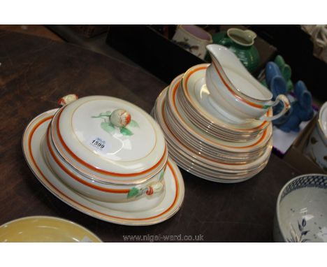 A Ridgways Dinner service, six place setting, including dinner, side and tea plates, tureen, gravy boat and oval platter.