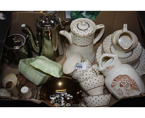 A Royal Worcester silver coloured Coffee Pot and Teapot for one, a part Maddock coffee set, Carlton Ware mushroom shaped crue