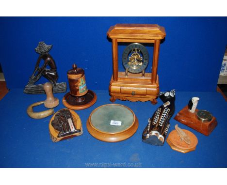 A box of treen to include a clock, thermometer, plaque, carved figure, etc