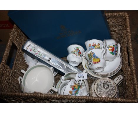A Royal Worcester 'Arcadia' Cake Stand and knife, a Sadler crinoline lady teapot, children's nursery tea wares, etc