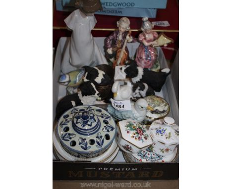 A Nao girl figure, two musician figures, various collie dog figures, a Royal Worcester blue tit and pin dishes, etc