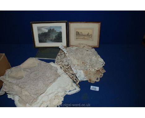 A quantity of lace tray cloths, a framed print of 'Kilgerran Castle', a small Watercolour of rive scene, signed D. Casse and 