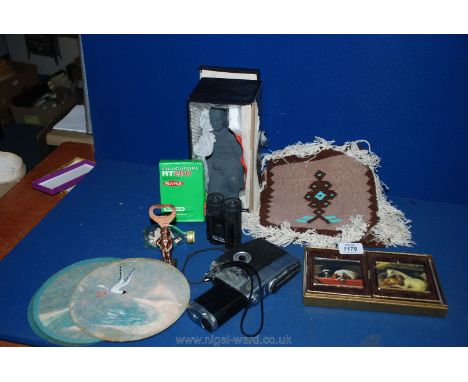 A boxed Oriental figure, pair of small field glasses, Fujica single 8 P1 camera, Peter Bates boxed pair of miniatures, etc.
