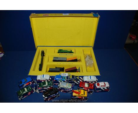 A Hornby Dublo part Train Set and twelve boxed Corgi cars including Pontiac Firebird S/E, police rovers, Porsche Carrera, For
