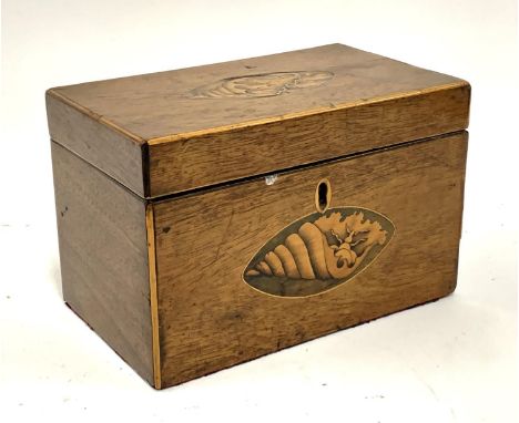 A George III mahogany and marquetry tea caddy, the lid and front with central shell marquetry, boxwood stringing af, 18.5cmW 