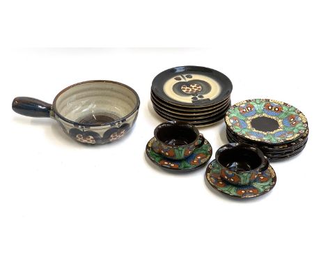 Six Landert plates and matching bowl with handle, together with glazed stoneware cups, saucers and side plates 