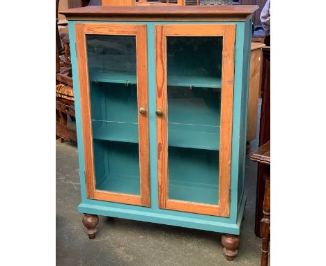 A vintage glazed cupboard, part painted in turquoise, 86x36x120cmH 