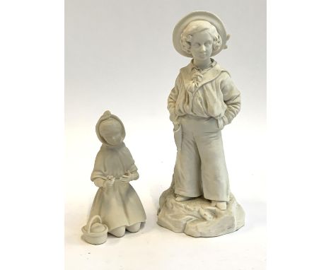 A Laszlo Ispanky bisque figurine of a kneeling girl holding flowers, by Uttley Porcelains, 18cmH; together with one other sim