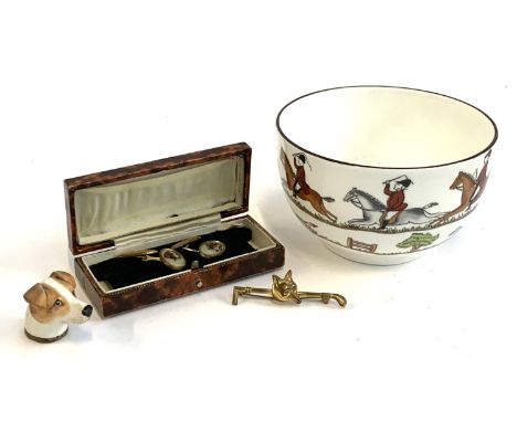 A cased set of gold plated bloodhound cufflinks, together with a gilt metal fox mask tie pin, a Coalport hunting scene sugar 