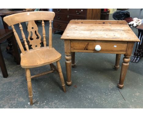 A small pine side table, drawer with ceramic knob, 77x49x66cmH; together with a beech kitchen chair 