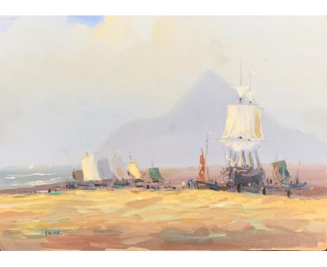 20th century oil on panel, tall ships on the shore, 18x25cm 