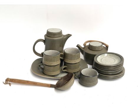 A stoneware teapot, coffee pot, 4 cups, milk jug, tray, 10 plates and a studio pottery ladle 