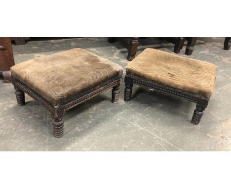 A pair of William IV country house estate made footstools, upholstered in cord, on bobbin turned legs, 34x28x17cmH 