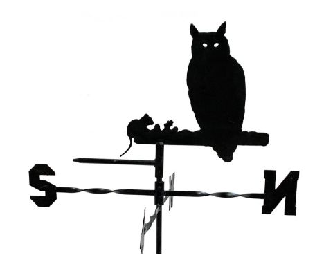 A black painted owl weather vane, total height approx. 75cm, width 63cm 