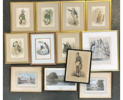 A mixed quantity of prints to include a series of Dickens characters, French fashion print, 19th century engravings, black an