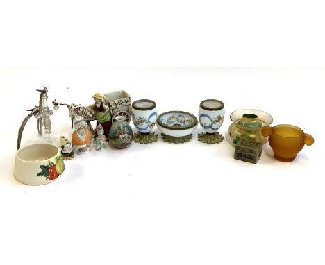 A mixed lot to include French hand painted milk glass trinket pots with brass foot in the form of leaves, blown glass birds, 