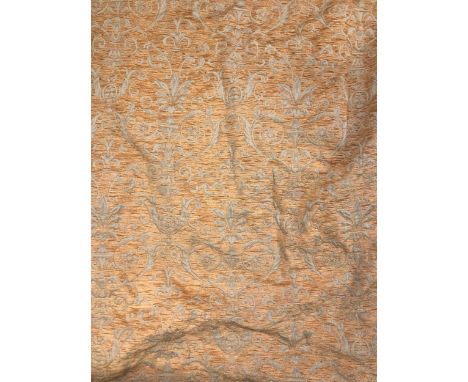 A pair of heavy yellow lined and interlined curtains, 183cm wide (ungathered), 233cm drop; together with one other, 183x214cm