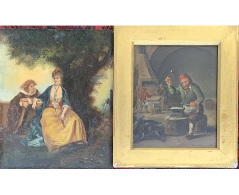 19th century oil on mahogany panel, lovers under a tree, 27x22cm; 19th century oil on board of a blacksmith, 19x16cm; togethe