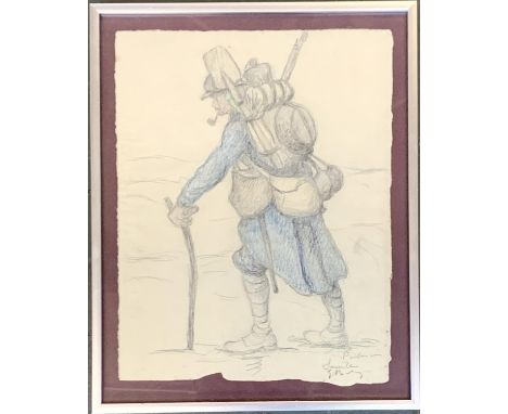20th century, graphite and crayon on paper, sketch of a soldier with pipe, signed indistinctly, 30x24cm 