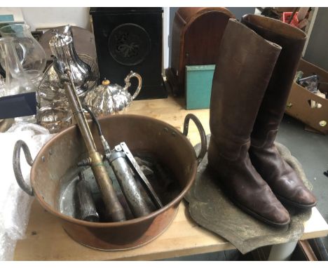 A mixed lot to include a copper pan, brass tray, vintage grease gun and a pair of brown leather boots, size 6 approx. 