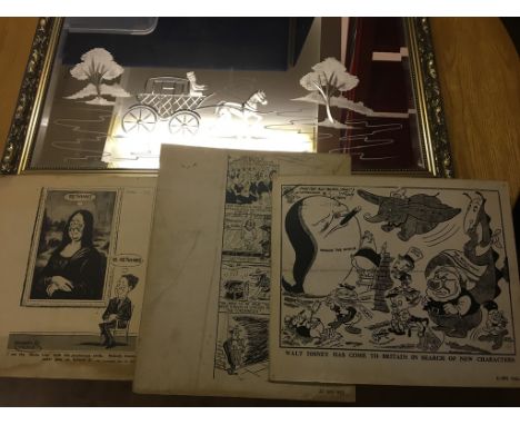An engraved mirror; together with a Disney print etc