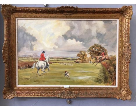 Follower of Alfred Munnings: A hunting scene, oil on canvas, signed lower right, 50 x 75 cm 