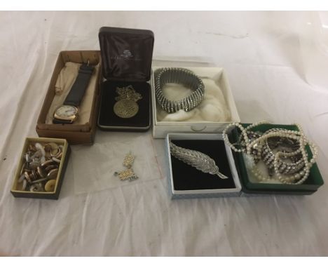 A box of vintage dress jewellery to inc a gold watch etc