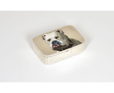 A Victorian silver and enamel ‘BULL DOG’ vesta case, George Heath, London, 1887, of rounded rectangular form, the hinged cove