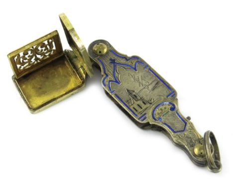 A rare and unusual French silver gilt enamel vinaigrette, Maker’s mark of ‘FL’ in a lozenge, of lorgnette case form, one side