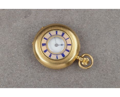 An Edwardian 18ct gold and enamel half hunter keyless wind fob watch, retailed by Camerer, Kuss &amp; Co., 56, New Oxford Str