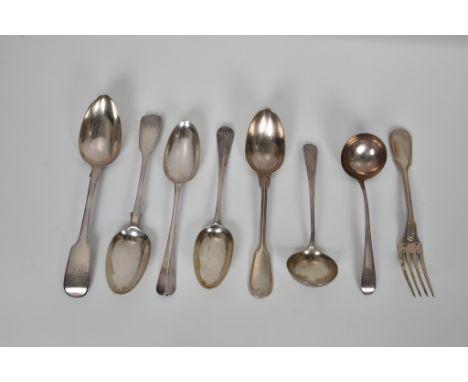 A small collection of Georgian and later silver flatware, to include two Georgian silver sauce ladles with inscribed initials