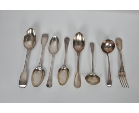 A small collection of Georgian and later silver flatware, to include two Georgian silver sauce ladles with inscribed initials