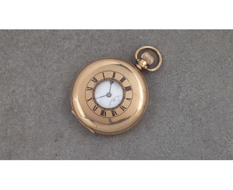 A George V 9ct gold half hunter pocket watch, the case by Dennison Watch Case Co., Birm. 1921, signed 'Herald' Swiss level mo