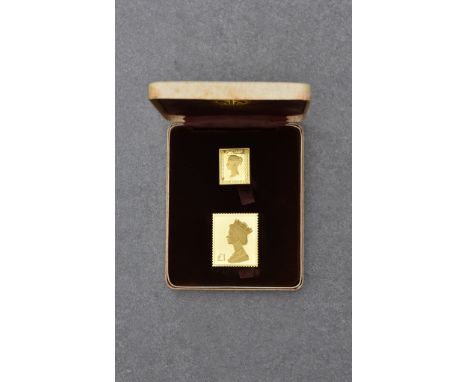 Hallmark Replicas - 'The Penny Black, The £1 Machin, 18th June 1973' 22ct gold stamp replicas, each hallmarked and stamped wi