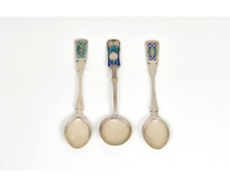 Archibald Knox (1864-1933) for William Hair Haseler (Liberty) - Three rare silver and enamel teaspoons, retailed by Liberty, 